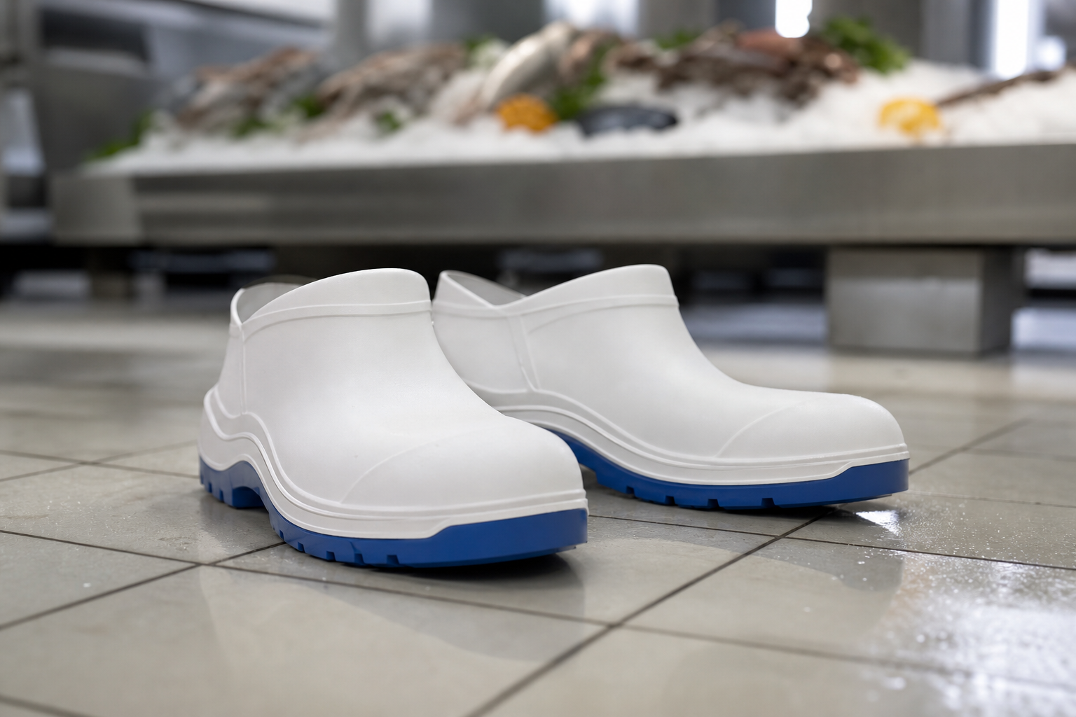Chaussures de sécurité imperméables et antidérapantes posées sur un sol carrelé d'atelier de découpe