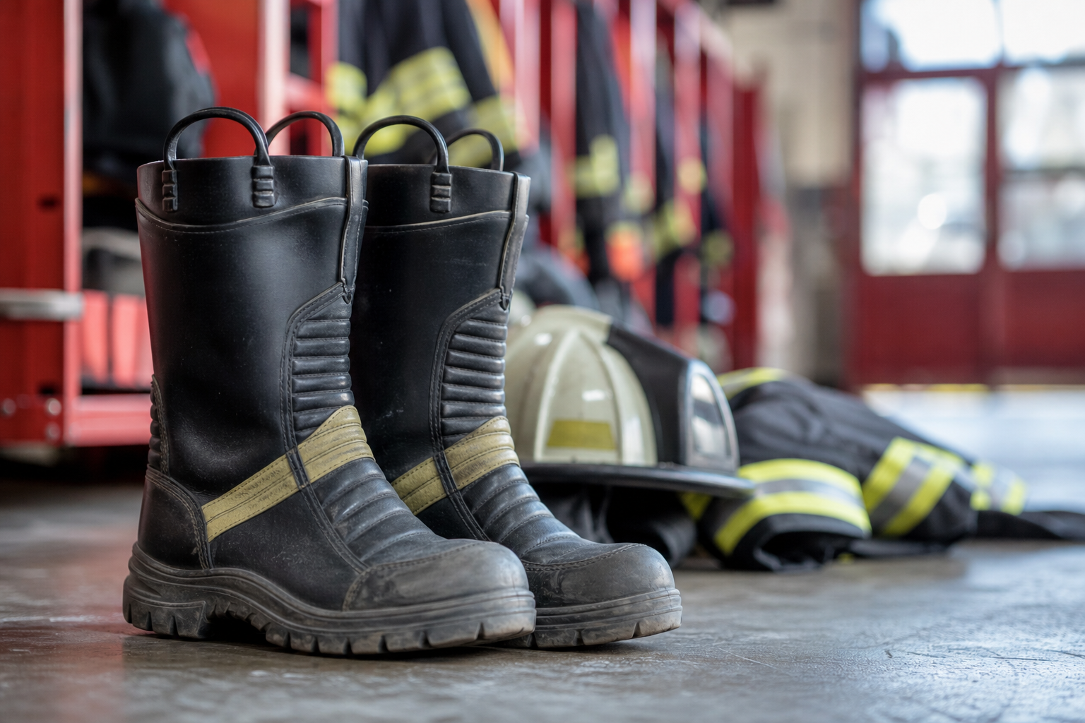 Bottes de sécurité robustes et résistantes à la chaleur posées près d'un équipement de pompier