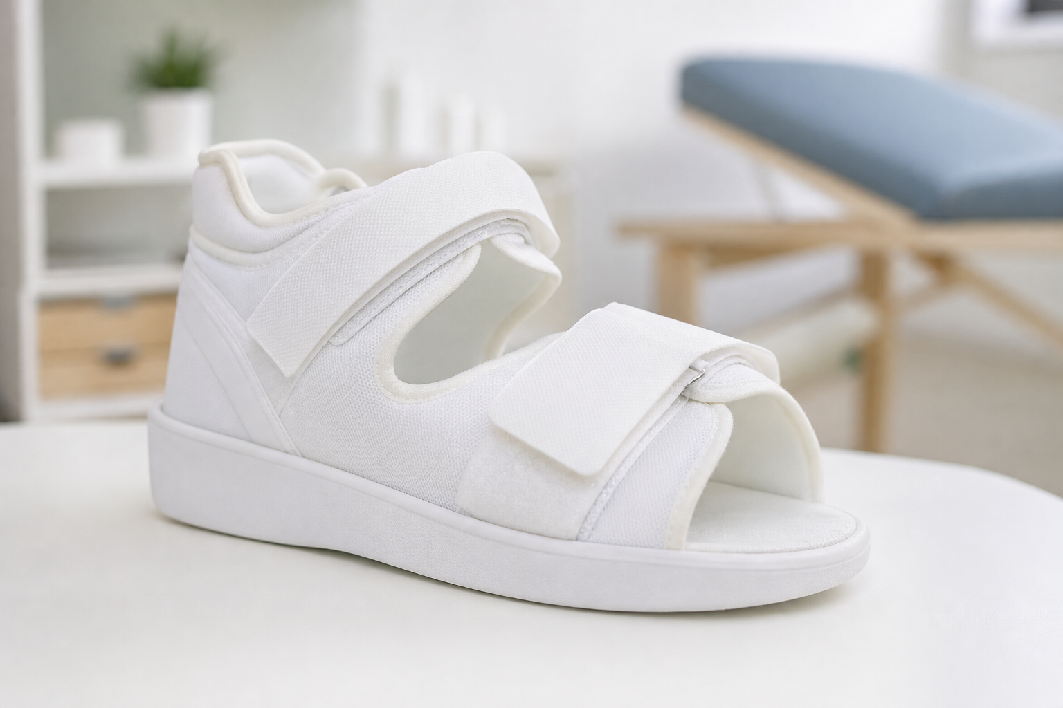 Chaussure post-opératoire blanche à semelle rigide et fermeture velcro sur fond neutre