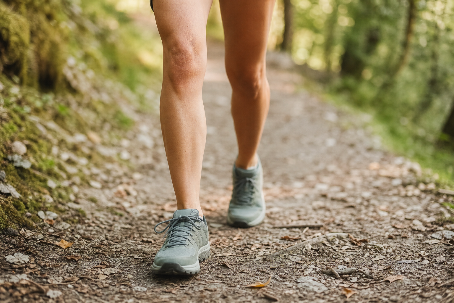 Personne marchant avec des chaussures amortissantes et confortables, gros plan sur les jambes et les genoux