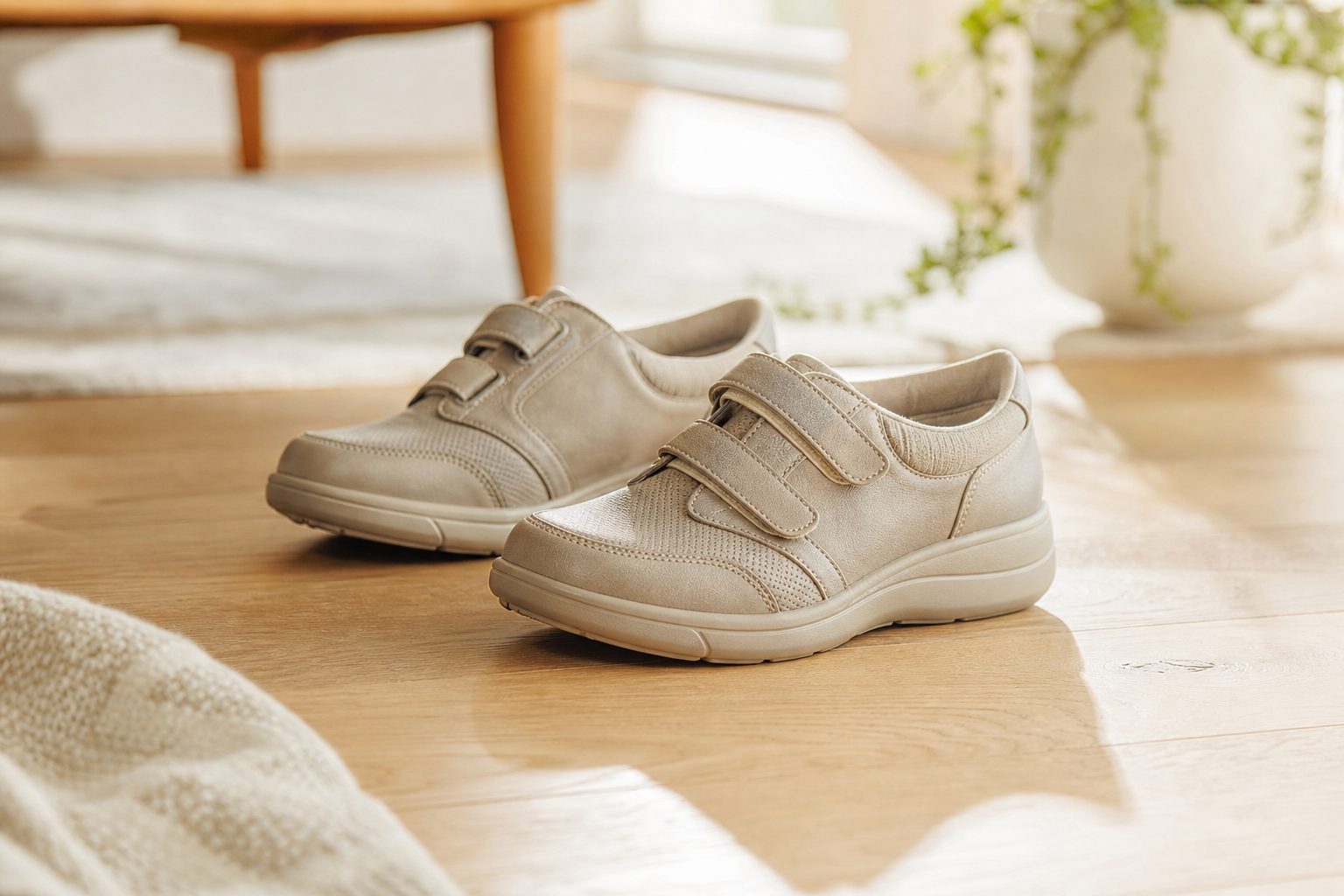 Chaussures confortables à semelle souple posées près d'un pied en gros plan