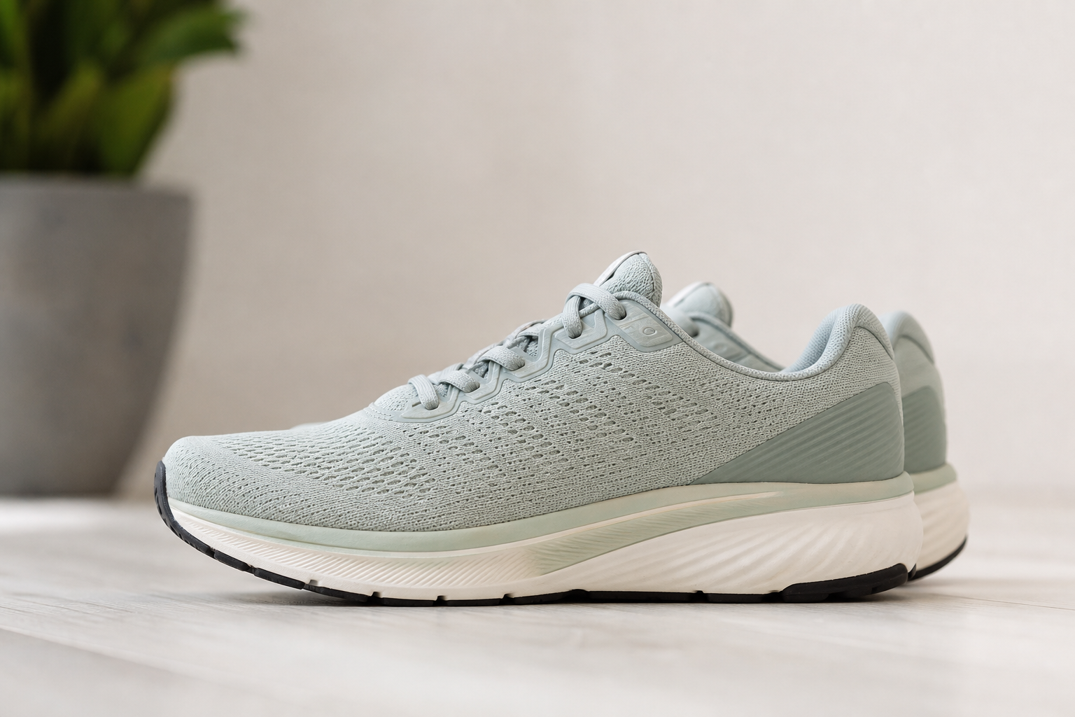 Chaussures de sport à semelle amortie et voûte soutenue posées sur un sol clair