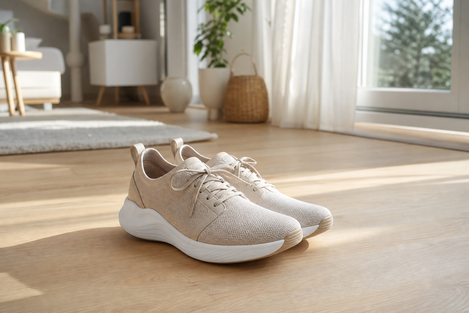 Chaussures confortables à semelle épaisse et bon maintien posées sur un parquet clair