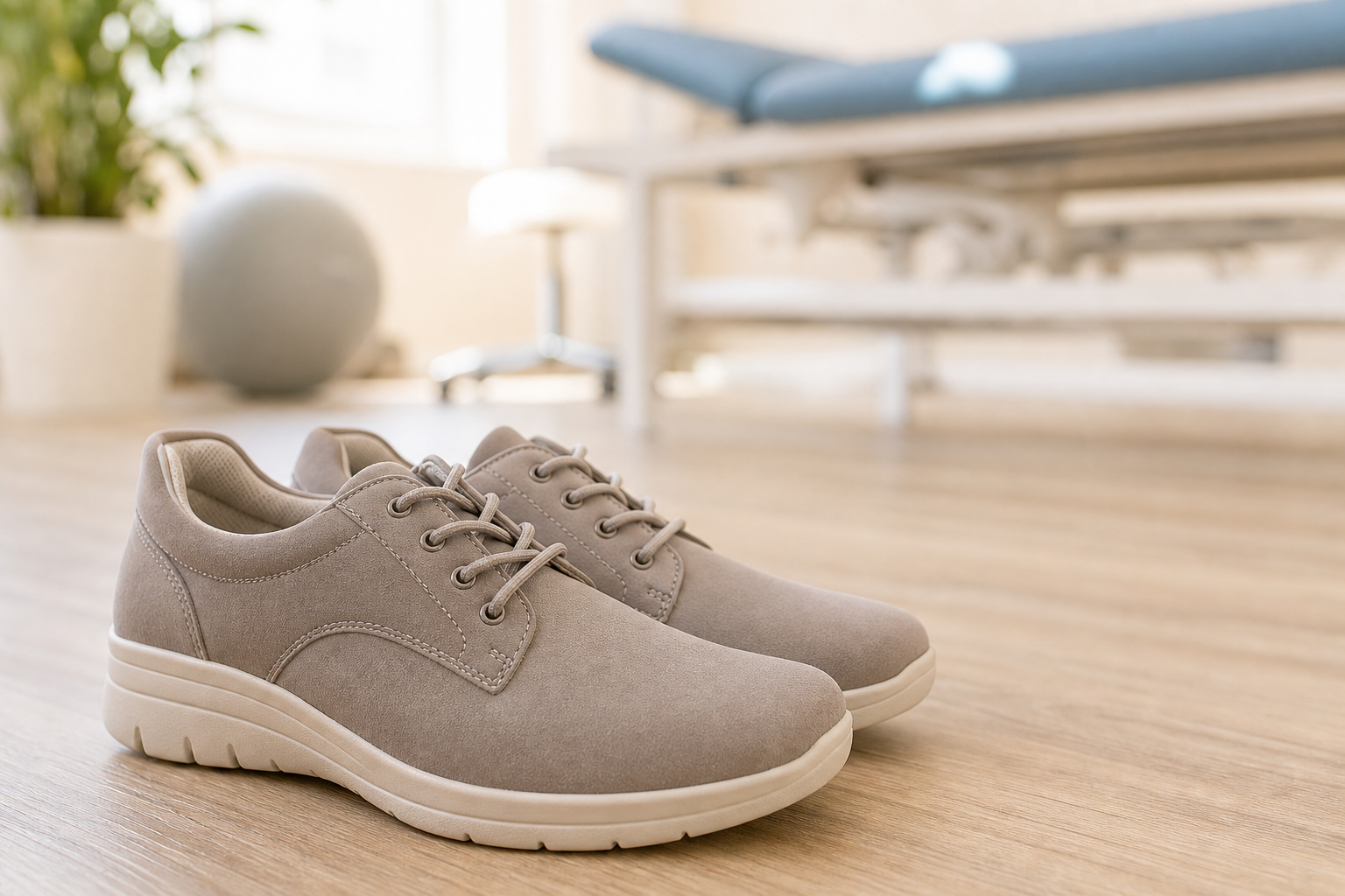 Chaussures confortables à semelle épaisse et large bout, posées sur un fond clair