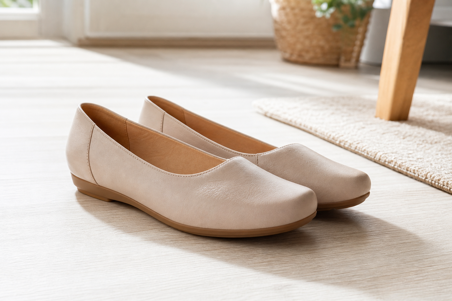Chaussures larges au niveau de l'avant-pied, sans talon haut, posées sur un sol clair