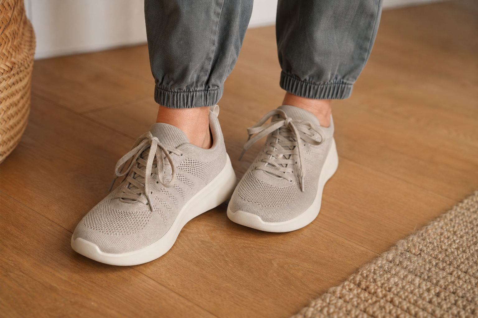 Chaussures à large bout rond et intérieur souple, adaptées à un orteil en marteau, posées sur un sol clair
