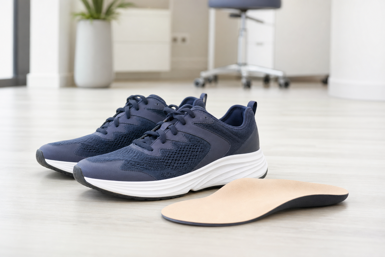Chaussures à semelle épaisse et amortissante, adaptées à une voûte plantaire creuse, posées sur un sol clair