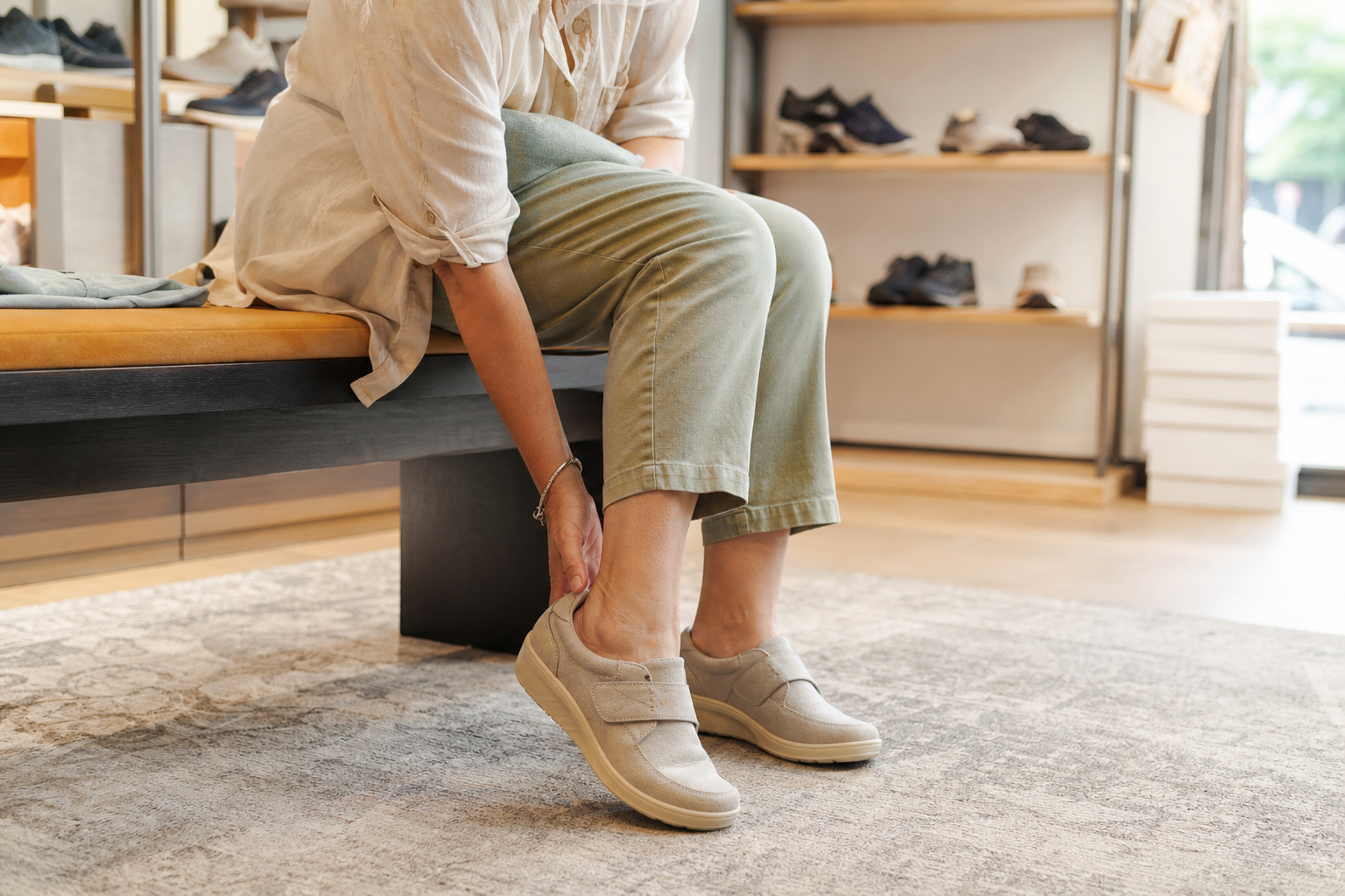 Une personne essaie une paire de chaussures confortables et larges, assise sur un banc dans une boutique de chaussures