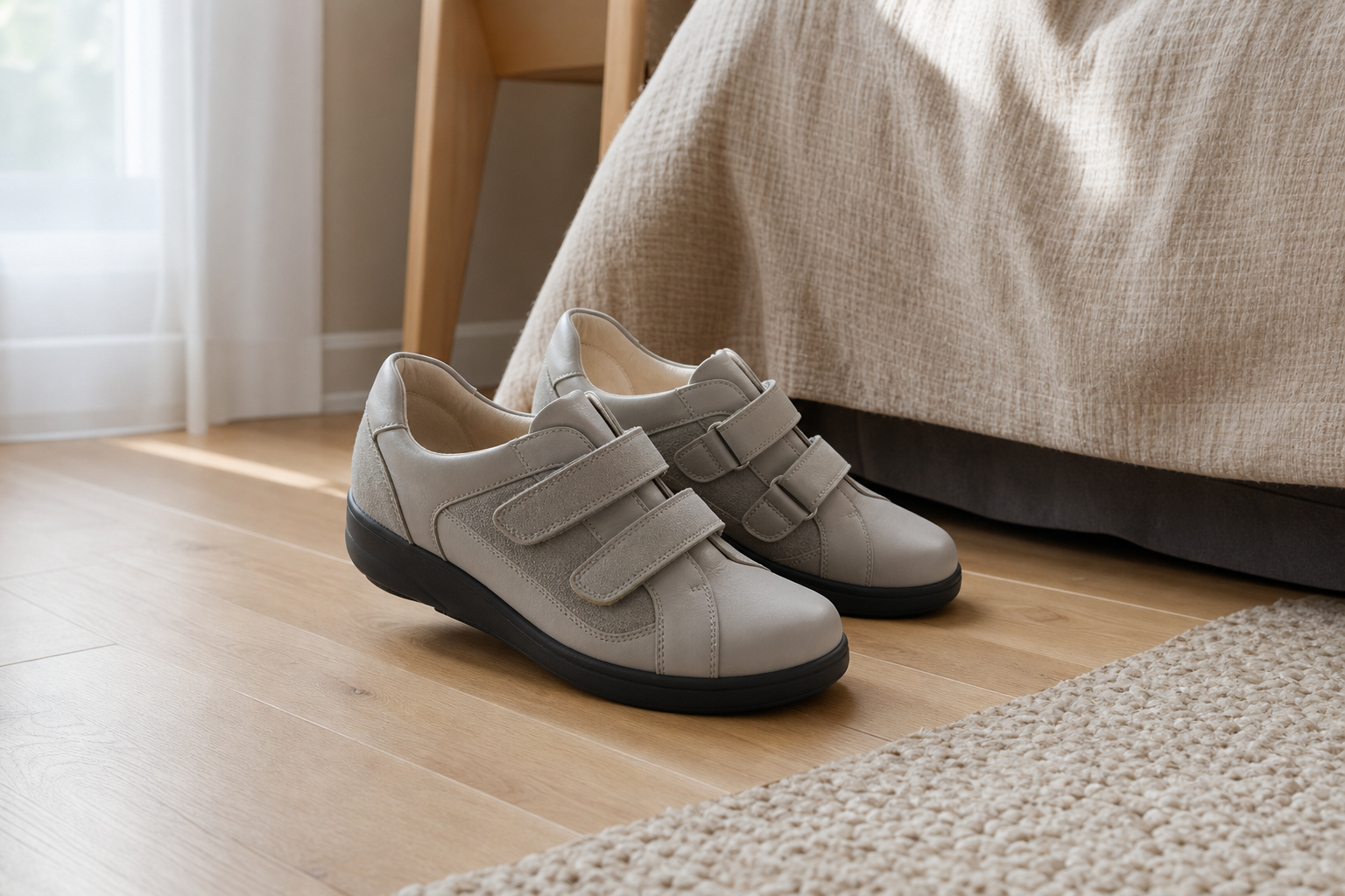 Chaussures confortables à fermeture réglable, adaptées à un pied qui gonfle en fin de journée