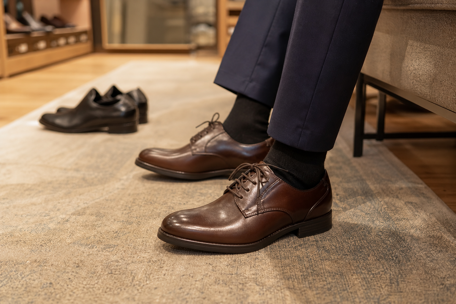 Personne essayant une paire de chaussures confortables adaptées aux pieds plats dans une boutique