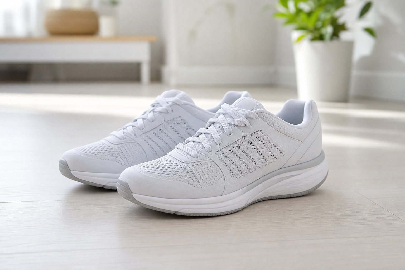 Chaussures confortables à talon légèrement surélevé et bon amorti posées sur un sol clair