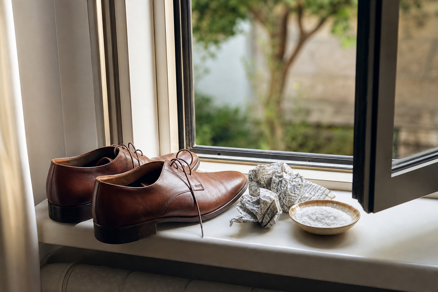 Paire de chaussures posée près d'une fenêtre ouverte pour aérer, avec du bicarbonate de soude et des boules de papier journal à proximité