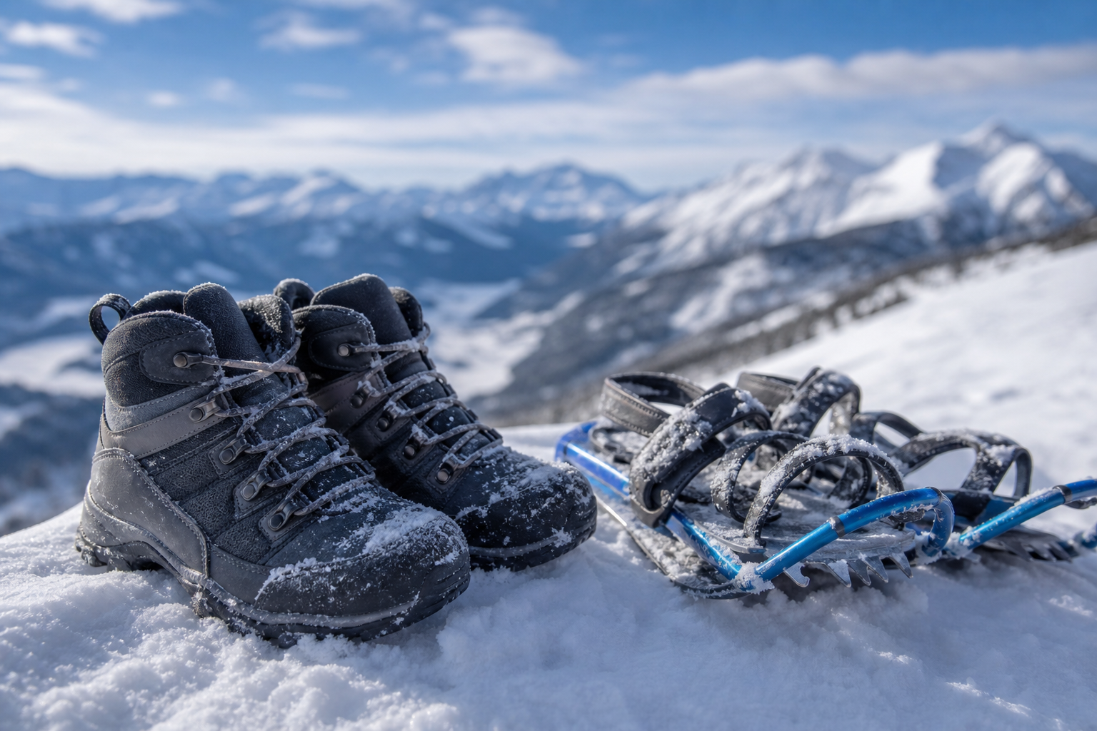 Chaussures montantes chaudes et imperméables posées sur la neige, avec des raquettes à proximité