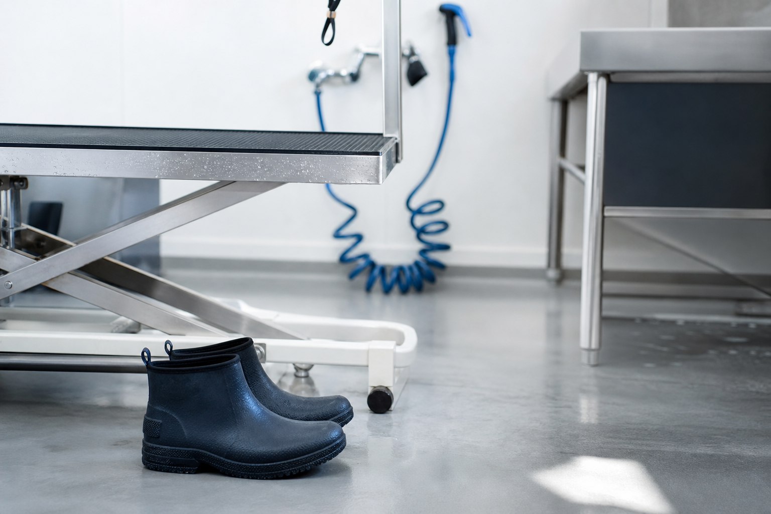 Chaussures imperméables et antidérapantes posées près d'une table de toilettage pour animaux
