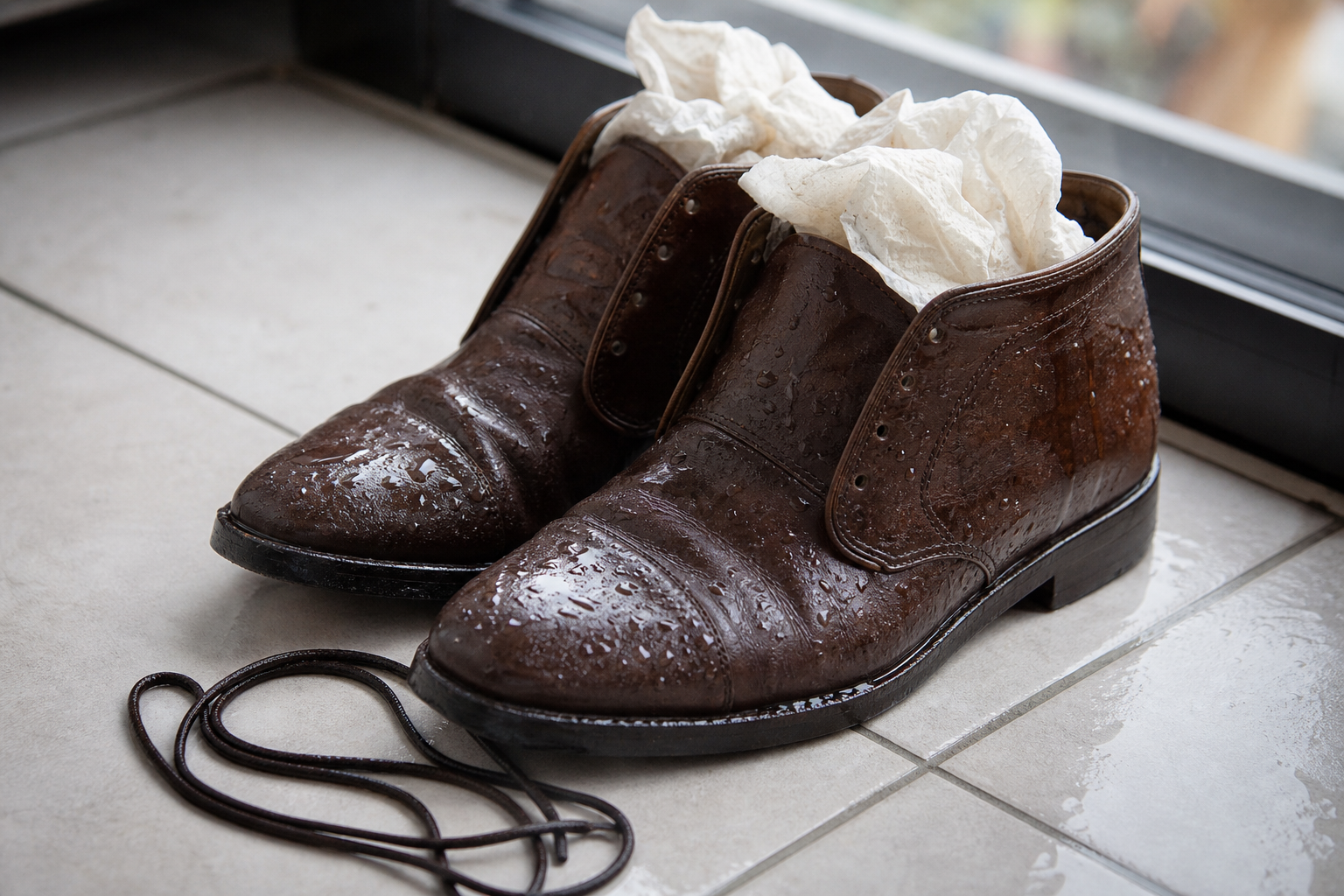 Paire de chaussures en cuir trempées par la pluie posées sur un sol carrelé près d'une fenêtre