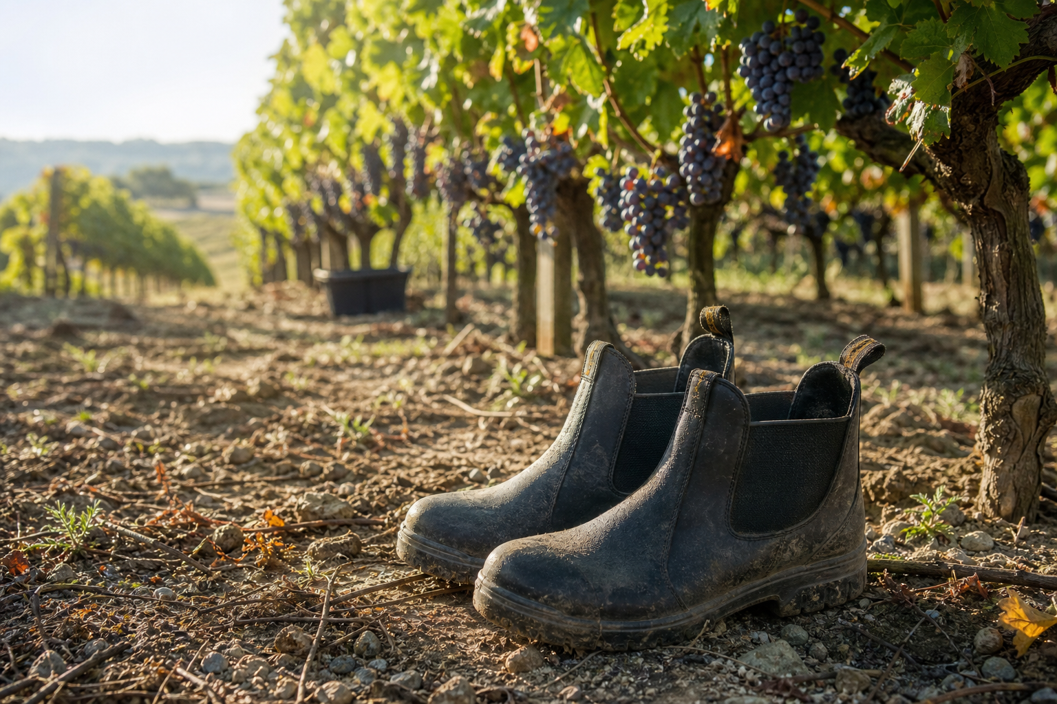 Chaussures de travail robustes et imperméables posées entre des rangs de vigne au sol terreux