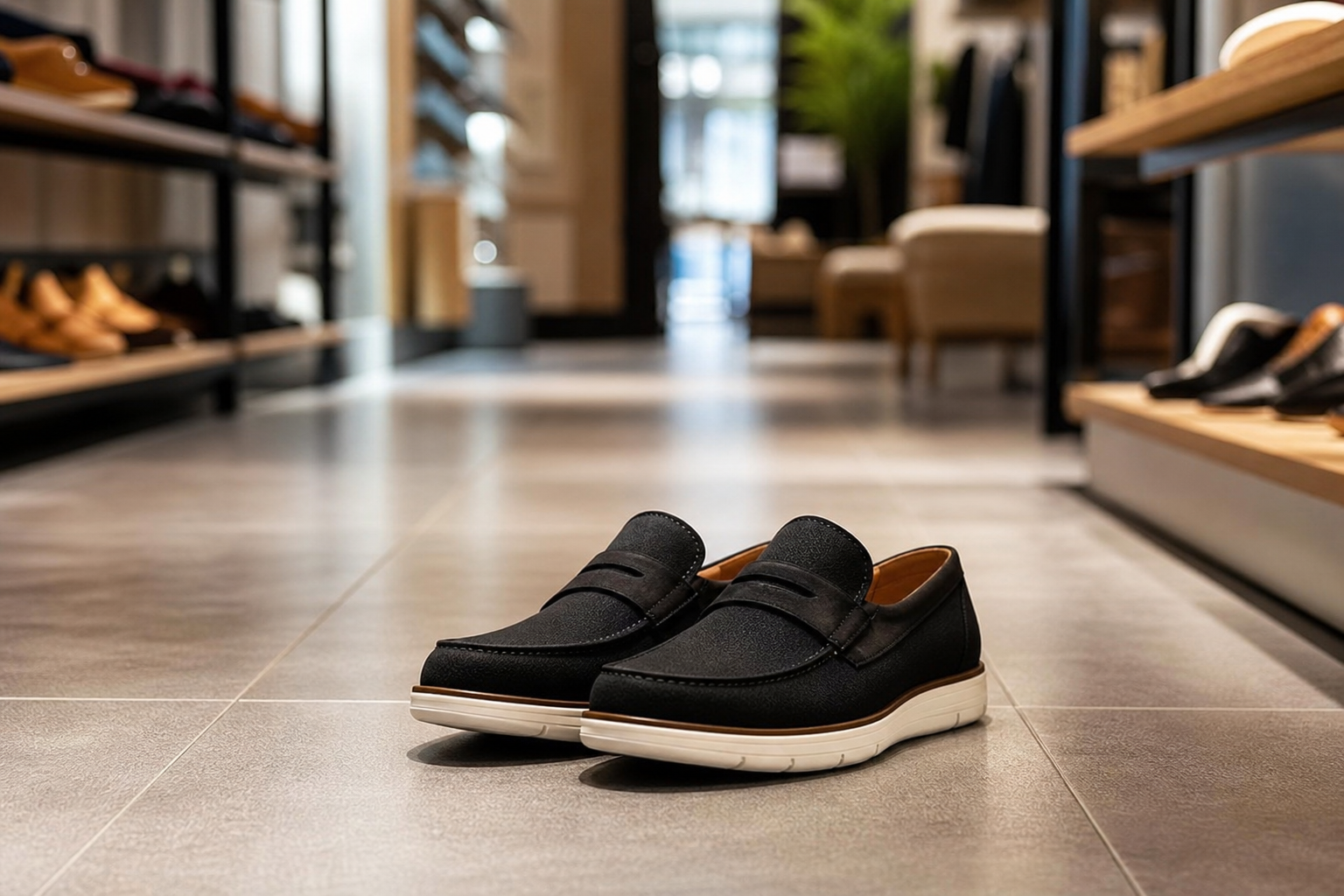 Chaussures élégantes et confortables posées sur le sol d'une boutique entre des rayons