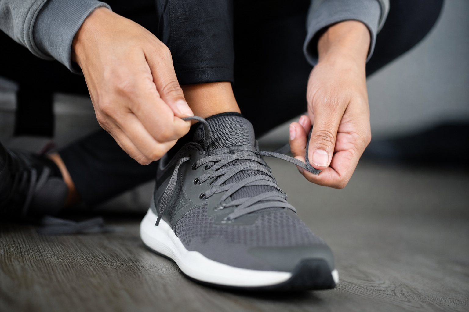 Mains en train de lacer une chaussure de sport, gros plan sur les œillets et les lacets