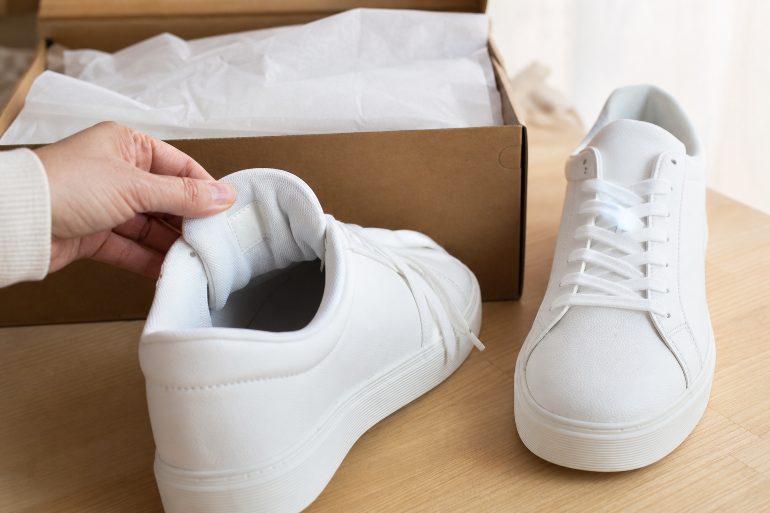 Deux paires de sneakers blanches côte à côte sur une table, examinées de près avec leur boîte et leur étiquette