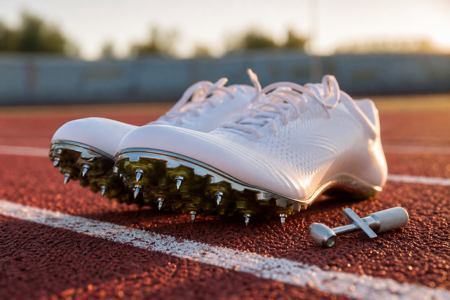 Paire de chaussures à pointes d'athlétisme posée sur une piste rouge, à côté d'un starting-block