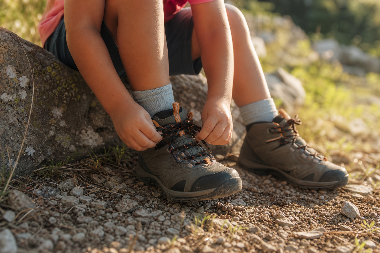 Enfant chaussant des chaussures de randonnée avant une balade en montagne