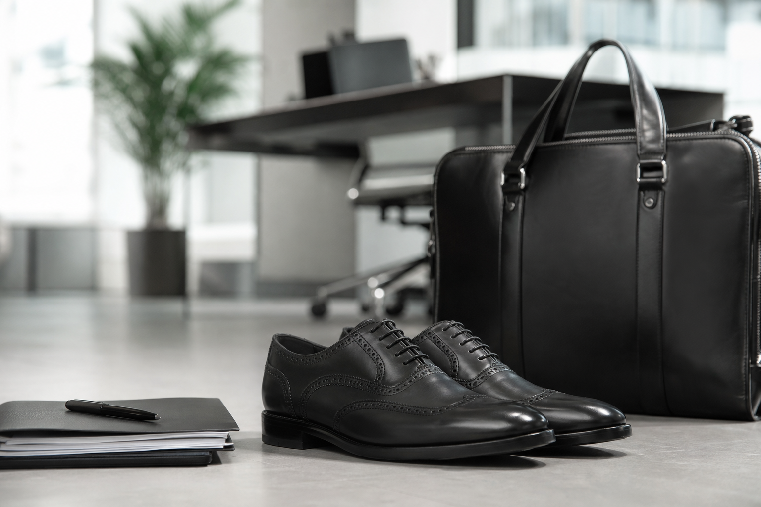 Paire de chaussures de ville en cuir soigneusement cirées, posées à côté d'un sac de travail avant un entretien professionnel