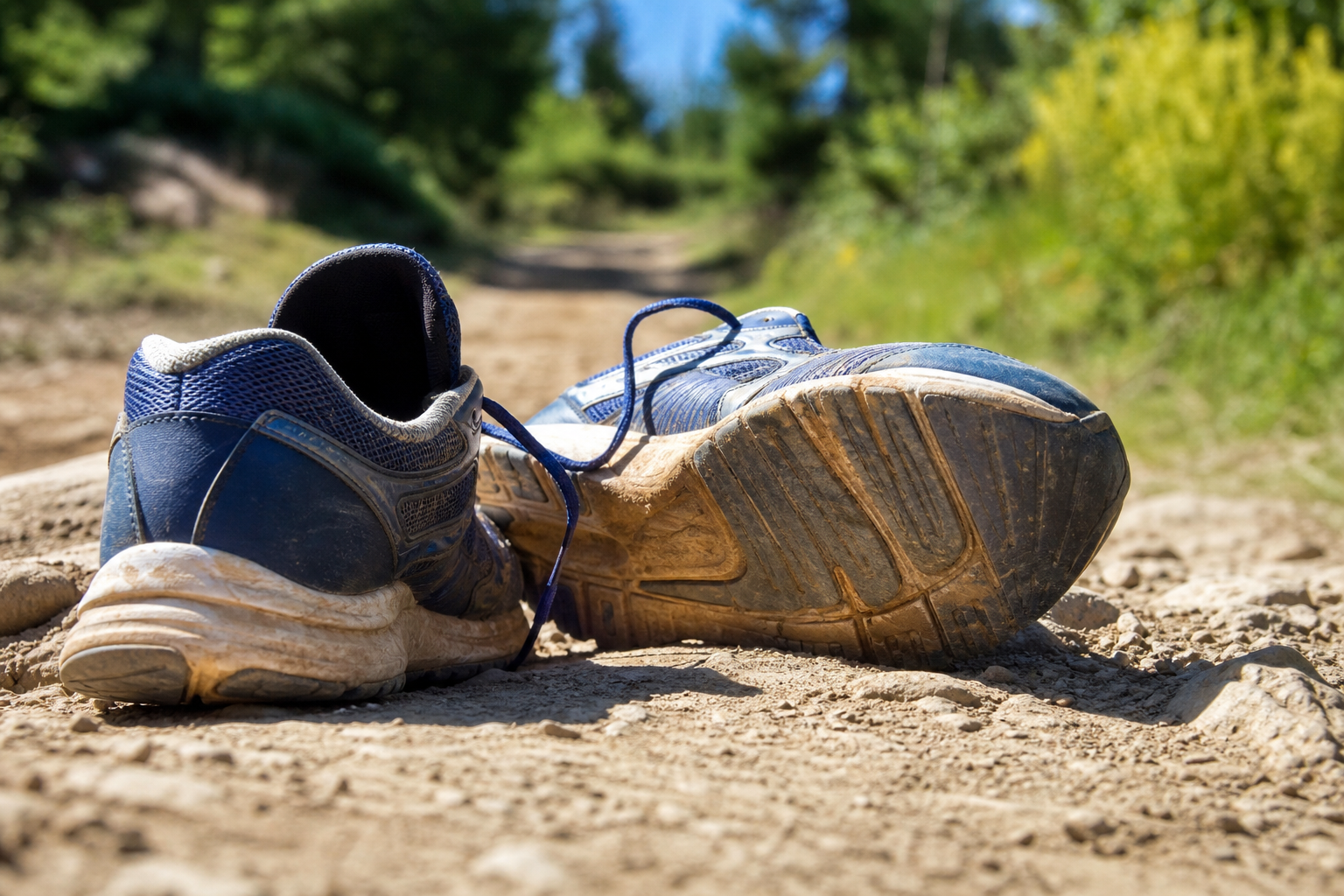 Paire de chaussures de running usées posée sur un chemin, semelle visiblement tassée