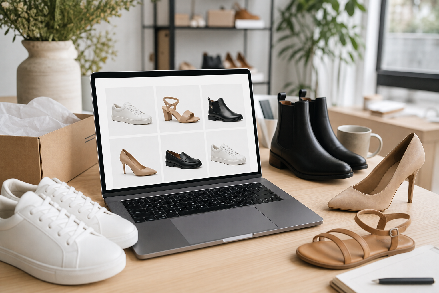 Boutique de chaussures en ligne sur un ordinateur portable, avec paires de sneakers, escarpins et bottes disposées autour dans un atelier lumineux